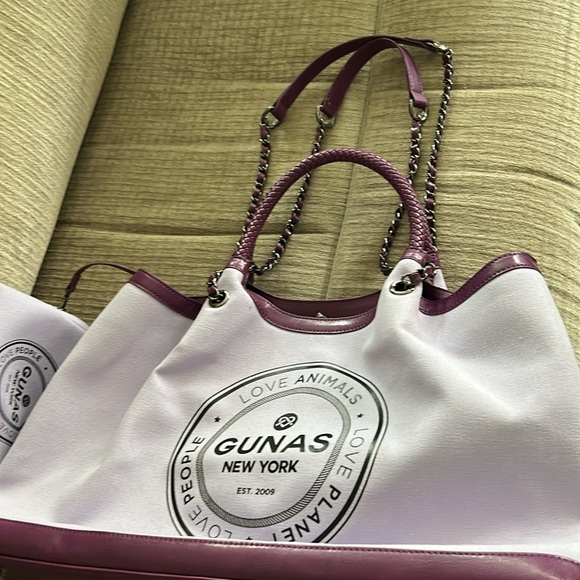 Gunas New York Ruth  canvas tote bag purple trimmed in leather APX 16 x 11 x 4 - Picture 9 of 13